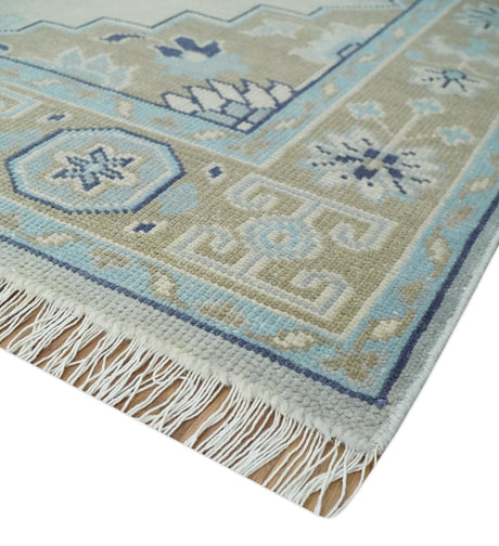 8x10 Hand Knotted Traditional Serapi Blue And Beige Wool Area Rug