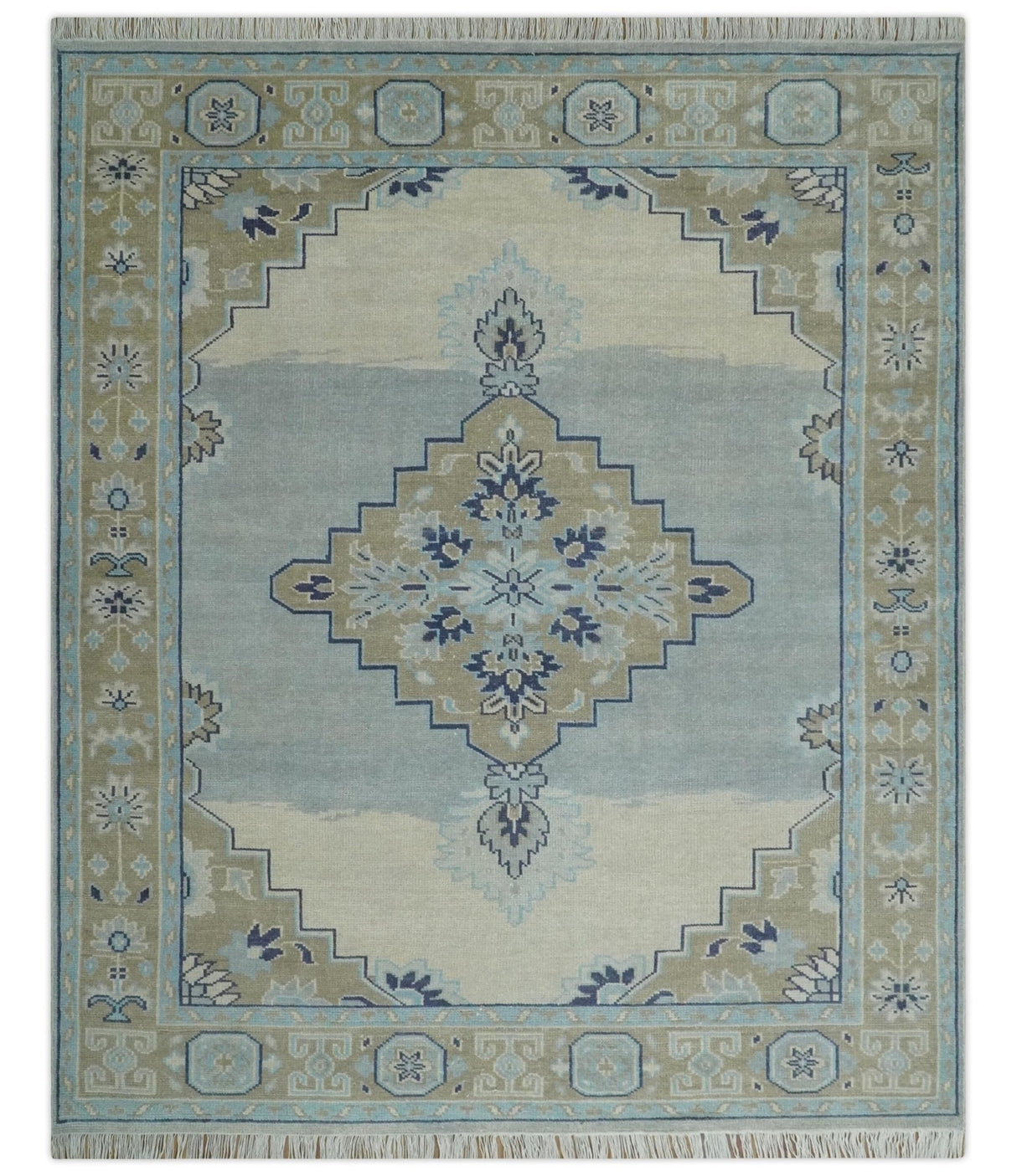 8x10 Hand Knotted Traditional Serapi Blue And Beige Wool Area Rug