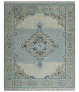 8x10 Hand Knotted Traditional Serapi Blue And Beige Wool Area Rug