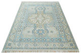 8x10 Hand Knotted Traditional Turkish Blue And Beige Low Pile Area Rug