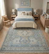 8x10 Hand Knotted Traditional Turkish Blue And Beige Low Pile Area Rug