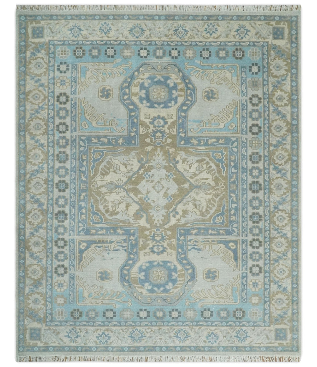 8x10 Hand Knotted Traditional Turkish Blue And Beige Low Pile Area Rug