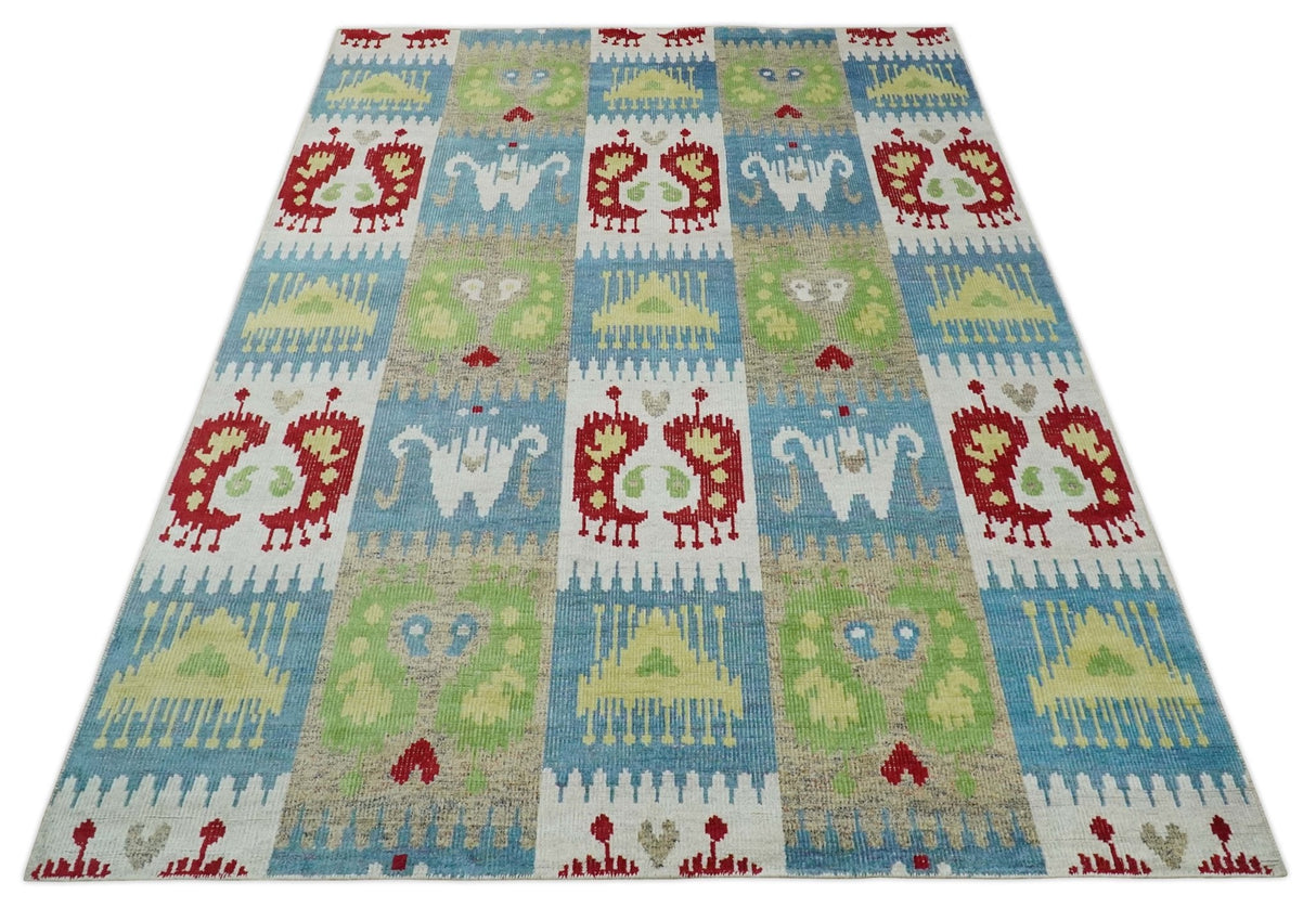 8x10 Hand Knotted White, Blue and Rust Modern Tribal Style Recycled Silk Area Rug