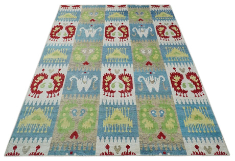 8x10 Hand Knotted White, Blue and Rust Modern Tribal Style Recycled Silk Area Rug