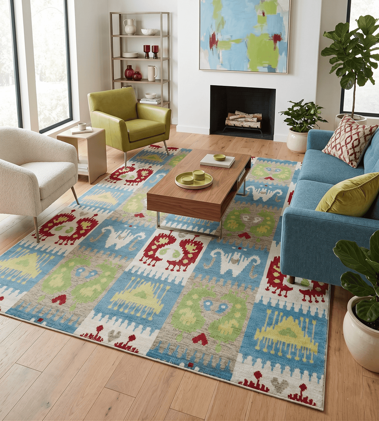 8x10 Hand Knotted White, Blue and Rust Modern Tribal Style Recycled Silk Area Rug