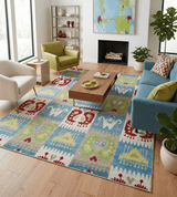 8x10 Hand Knotted White, Blue and Rust Modern Tribal Style Recycled Silk Area Rug