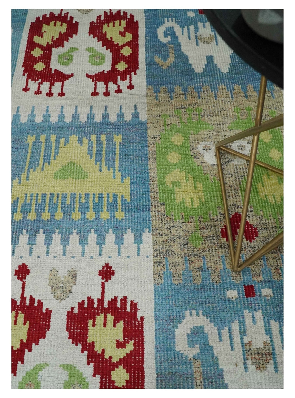 8x10 Hand Knotted White, Blue and Rust Modern Tribal Style Recycled Silk Area Rug