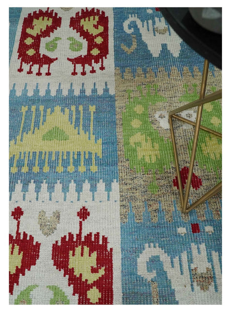 8x10 Hand Knotted White, Blue and Rust Modern Tribal Style Recycled Silk Area Rug