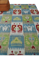 8x10 Hand Knotted White, Blue and Rust Modern Tribal Style Recycled Silk Area Rug