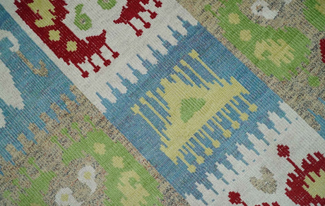 8x10 Hand Knotted White, Blue and Rust Modern Tribal Style Recycled Silk Area Rug