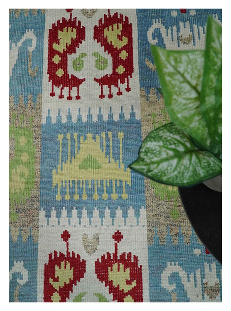 8x10 Hand Knotted White, Blue and Rust Modern Tribal Style Recycled Silk Area Rug