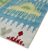 8x10 Hand Knotted White, Blue and Rust Modern Tribal Style Recycled Silk Area Rug