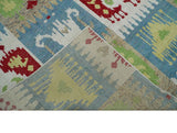 8x10 Hand Knotted White, Blue and Rust Modern Tribal Style Recycled Silk Area Rug