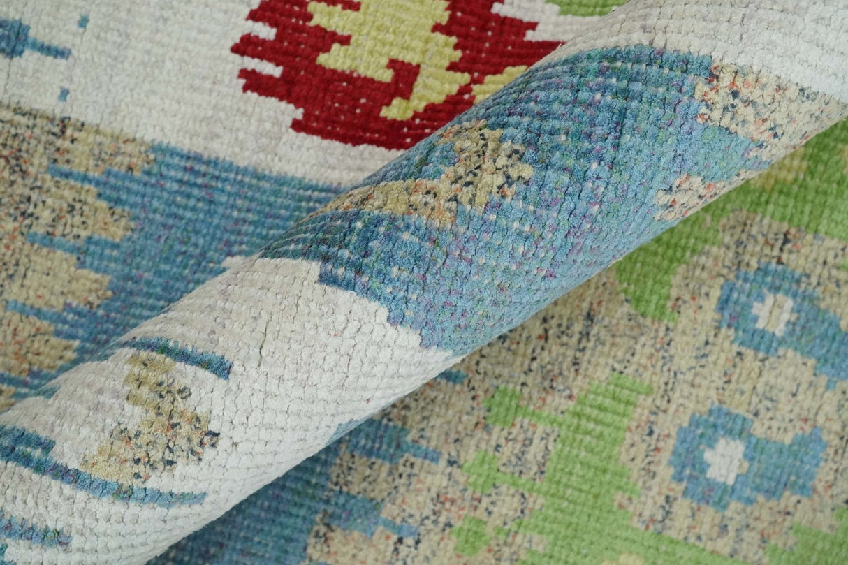 8x10 Hand Knotted White, Blue and Rust Modern Tribal Style Recycled Silk Area Rug