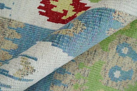 8x10 Hand Knotted White, Blue and Rust Modern Tribal Style Recycled Silk Area Rug