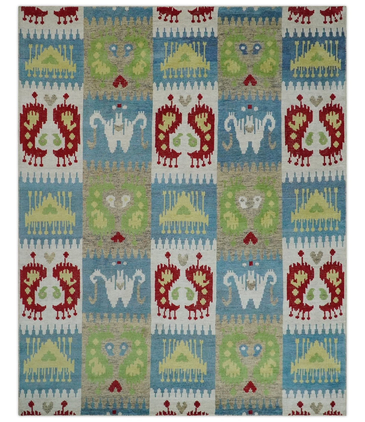 8x10 Hand Knotted White, Blue and Rust Modern Tribal Style Recycled Silk Area Rug