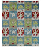 8x10 Hand Knotted White, Blue and Rust Modern Tribal Style Recycled Silk Area Rug