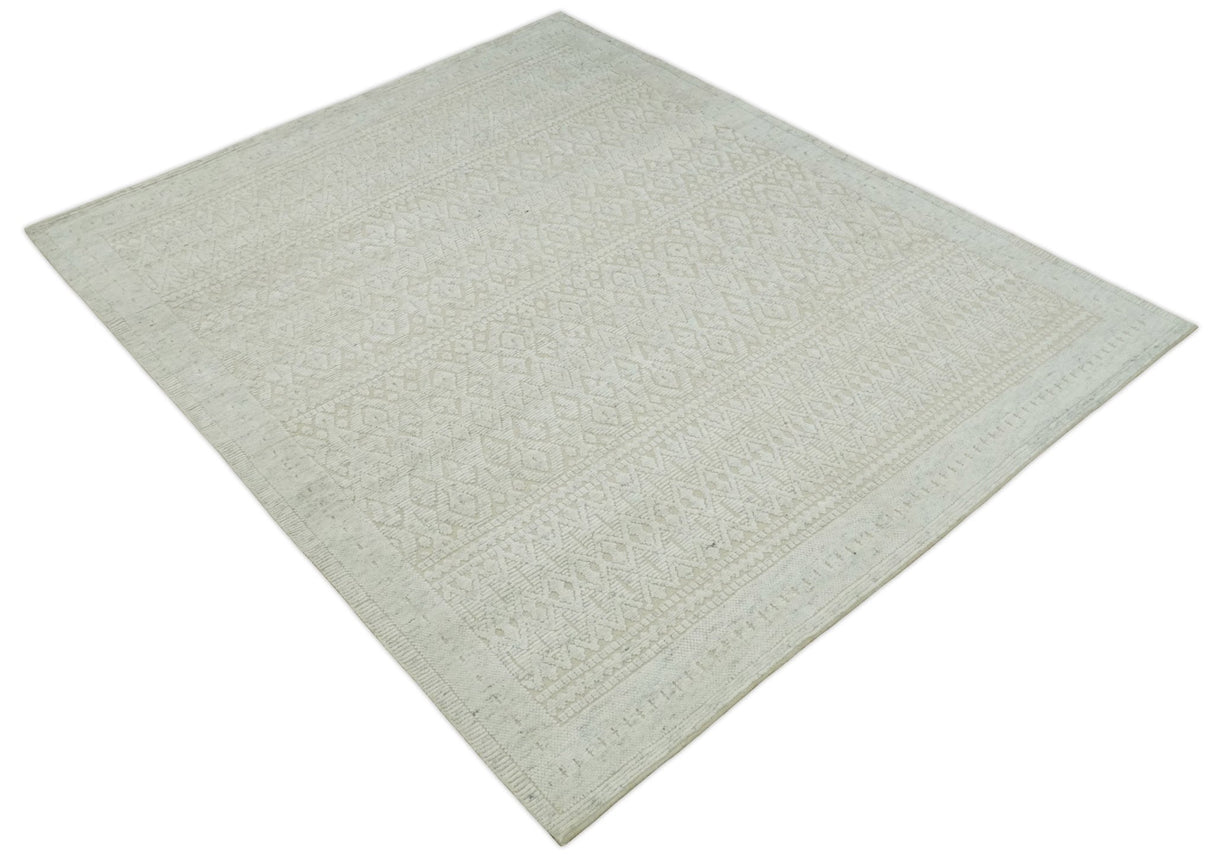 8x10 Hand Knotted Woolen Modern Contemporary Beige and Ivory Tribal Area Rug