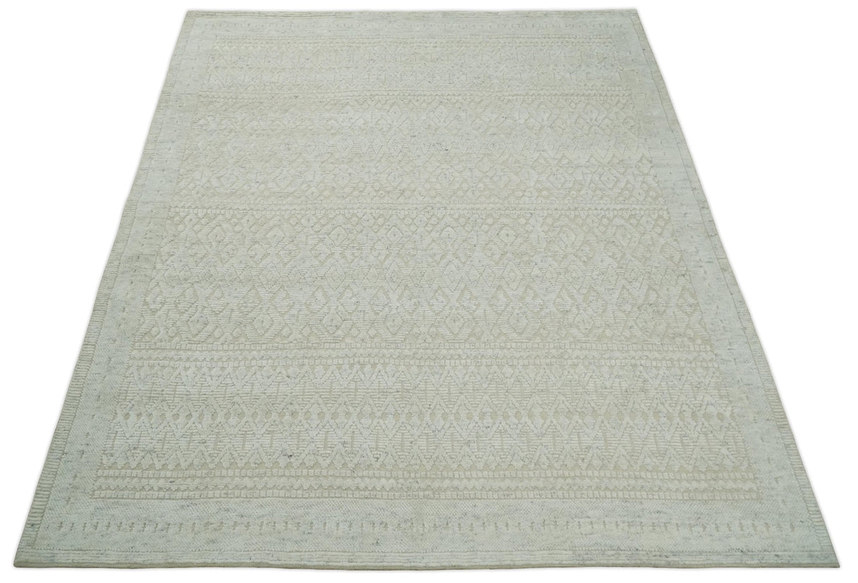 8x10 Hand Knotted Woolen Modern Contemporary Beige and Ivory Tribal Area Rug