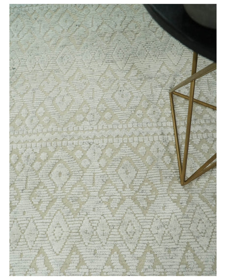 8x10 Hand Knotted Woolen Modern Contemporary Beige and Ivory Tribal Area Rug
