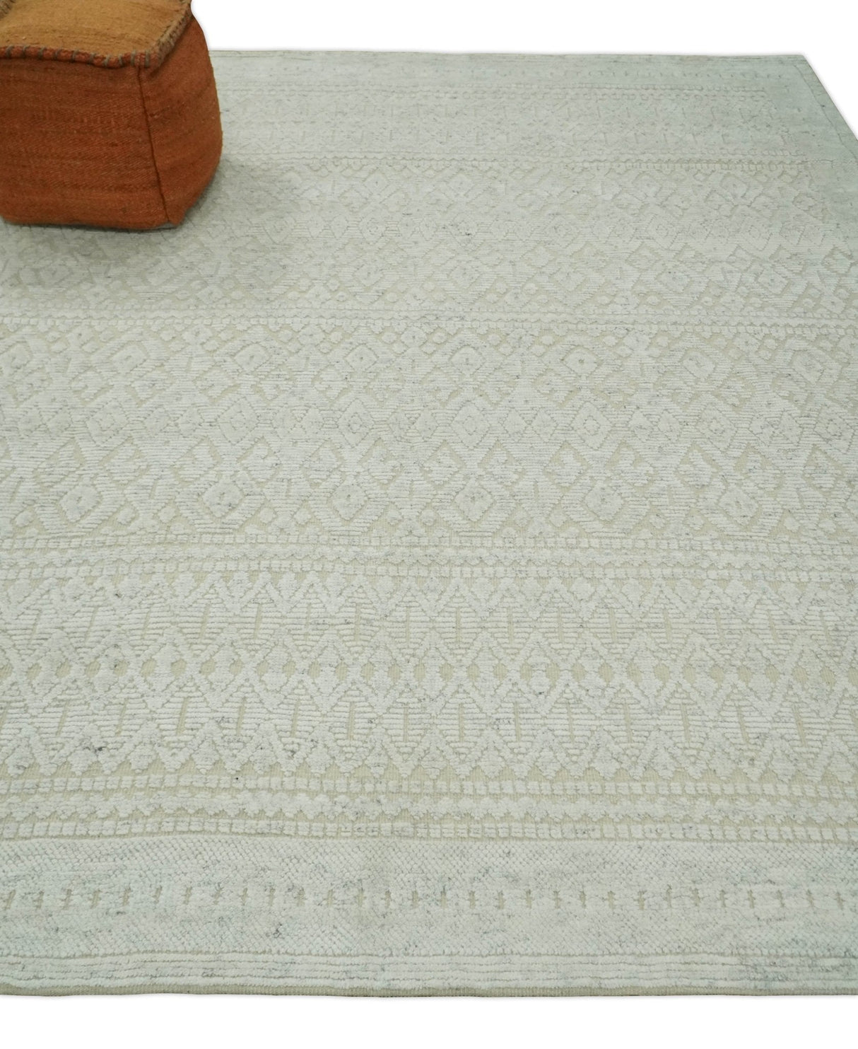 8x10 Hand Knotted Woolen Modern Contemporary Beige and Ivory Tribal Area Rug