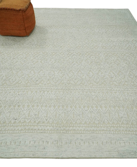 8x10 Hand Knotted Woolen Modern Contemporary Beige and Ivory Tribal Area Rug