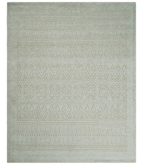 8x10 Hand Knotted Woolen Modern Contemporary Beige and Ivory Tribal Area Rug
