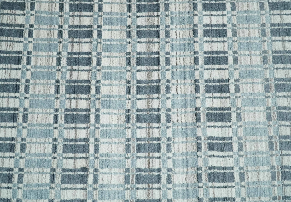 8x10 Hand Made Checkered Beige, Blue and Charcoal Blended Wool Area Rug