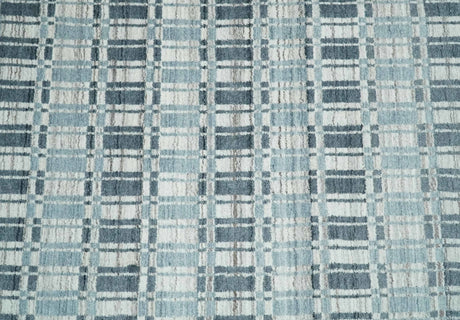 8x10 Hand Made Checkered Beige, Blue and Charcoal Blended Wool Area Rug