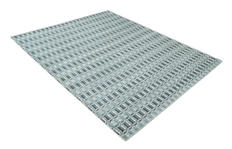 8x10 Hand Made Checkered Beige, Blue and Charcoal Blended Wool Area Rug