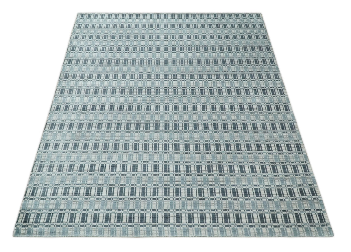 8x10 Hand Made Checkered Beige, Blue and Charcoal Blended Wool Area Rug