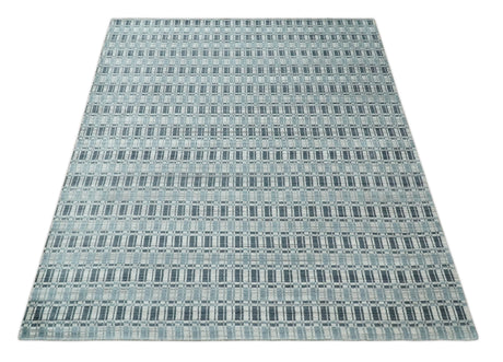 8x10 Hand Made Checkered Beige, Blue and Charcoal Blended Wool Area Rug