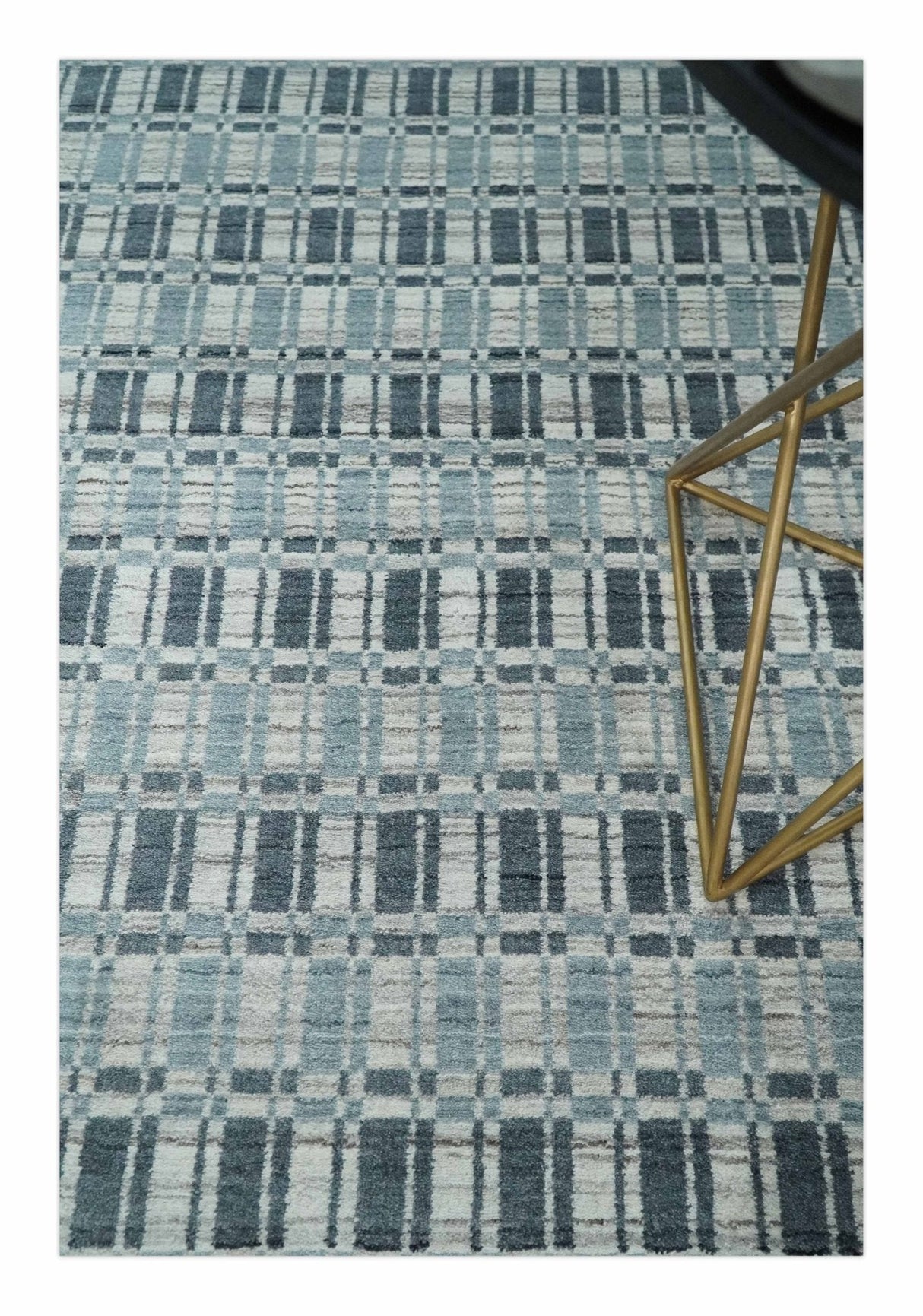 8x10 Hand Made Checkered Beige, Blue and Charcoal Blended Wool Area Rug