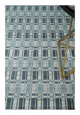 8x10 Hand Made Checkered Beige, Blue and Charcoal Blended Wool Area Rug