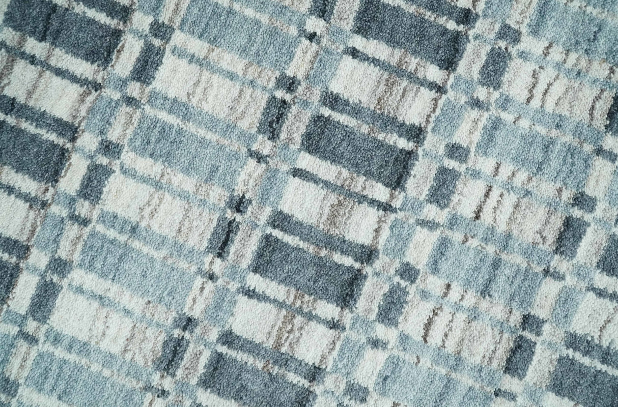 8x10 Hand Made Checkered Beige, Blue and Charcoal Blended Wool Area Rug