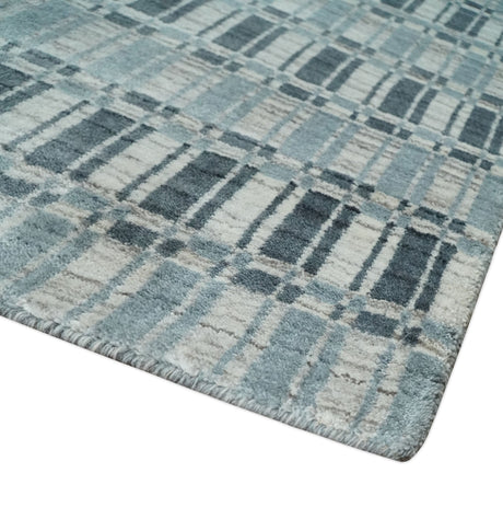 8x10 Hand Made Checkered Beige, Blue and Charcoal Blended Wool Area Rug