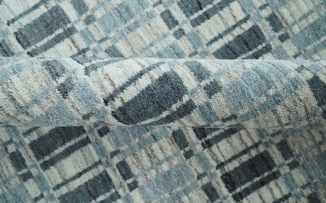 8x10 Hand Made Checkered Beige, Blue and Charcoal Blended Wool Area Rug