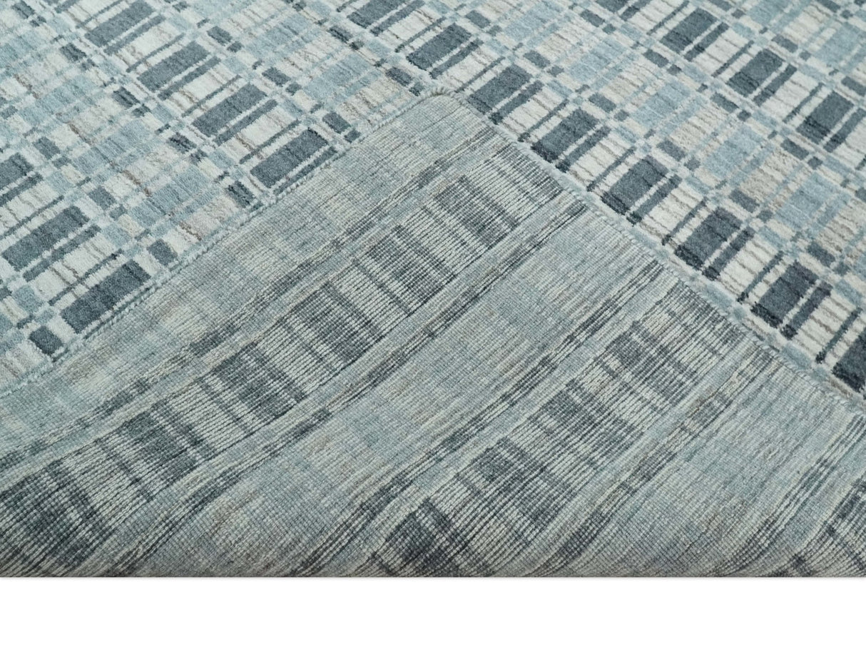 8x10 Hand Made Checkered Beige, Blue and Charcoal Blended Wool Area Rug