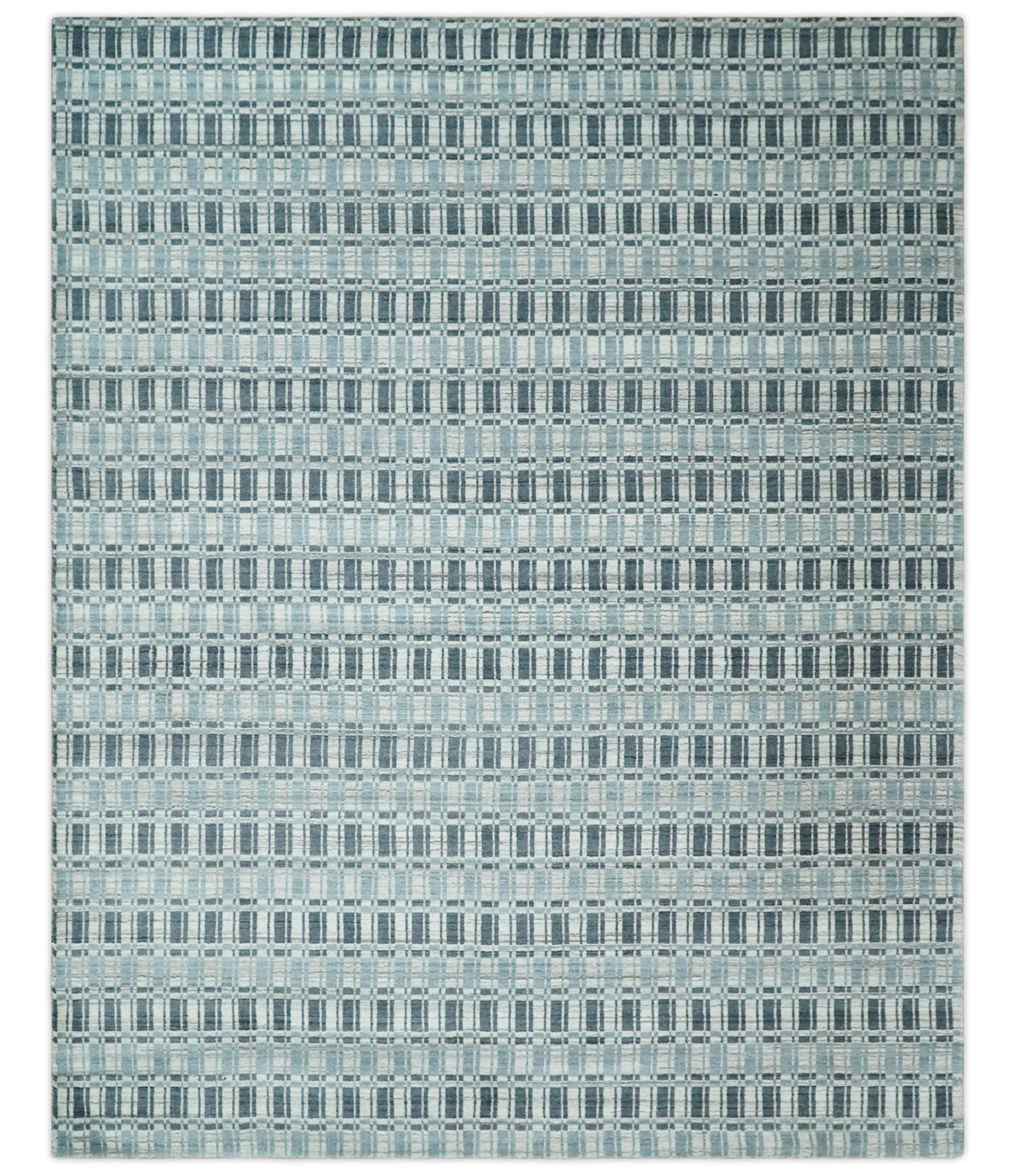 8x10 Hand Made Checkered Beige, Blue and Charcoal Blended Wool Area Rug