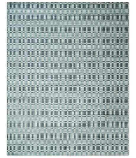 8x10 Hand Made Checkered Beige, Blue and Charcoal Blended Wool Area Rug