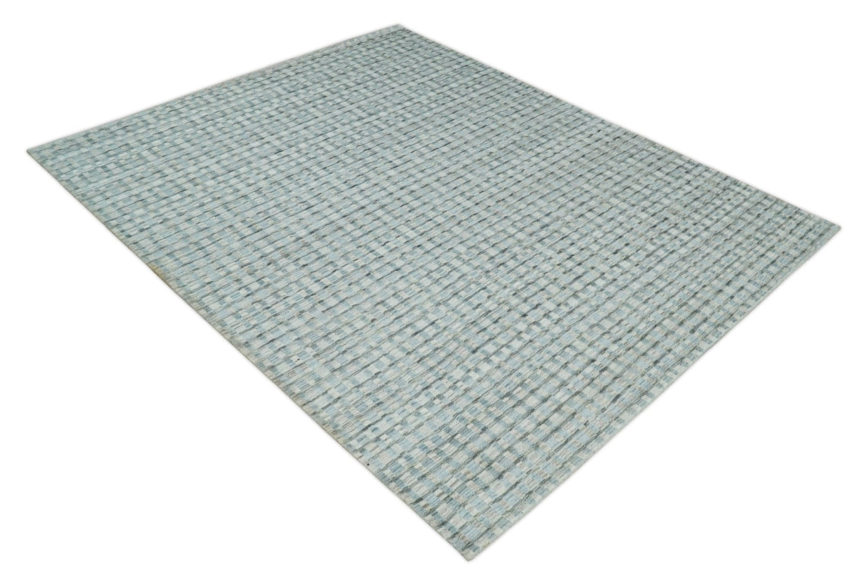 8x10 Hand Made Checkered Blue and Ivory Blended Wool Area Rug