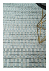 8x10 Hand Made Checkered Blue and Ivory Blended Wool Area Rug