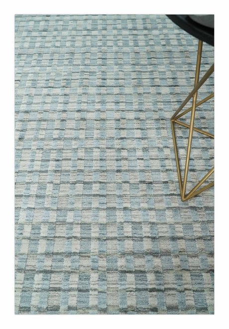 8x10 Hand Made Checkered Blue and Ivory Blended Wool Area Rug