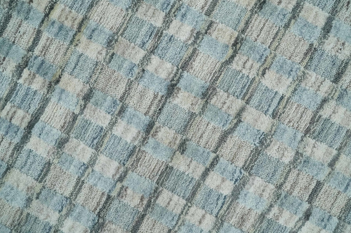 8x10 Hand Made Checkered Blue and Ivory Blended Wool Area Rug