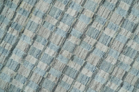8x10 Hand Made Checkered Blue and Ivory Blended Wool Area Rug