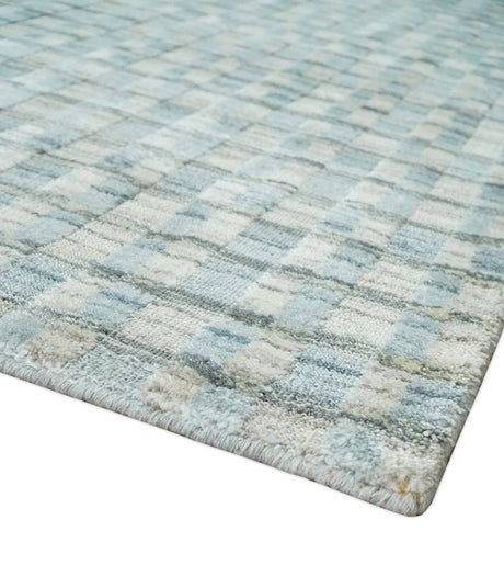 8x10 Hand Made Checkered Blue and Ivory Blended Wool Area Rug