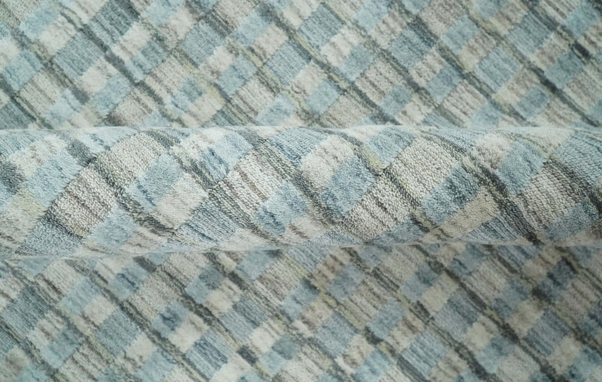 8x10 Hand Made Checkered Blue and Ivory Blended Wool Area Rug