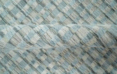 8x10 Hand Made Checkered Blue and Ivory Blended Wool Area Rug