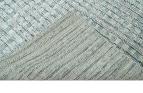 8x10 Hand Made Checkered Blue and Ivory Blended Wool Area Rug