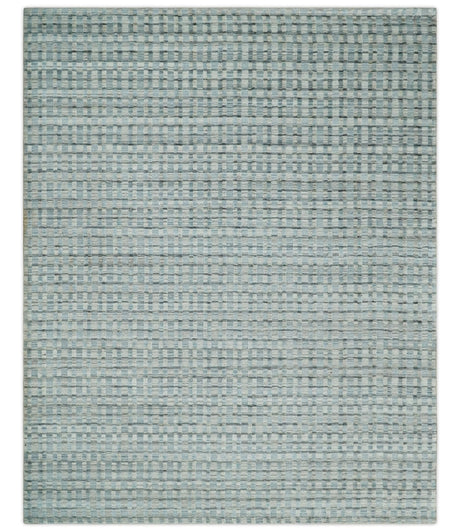 8x10 Hand Made Checkered Blue and Ivory Blended Wool Area Rug